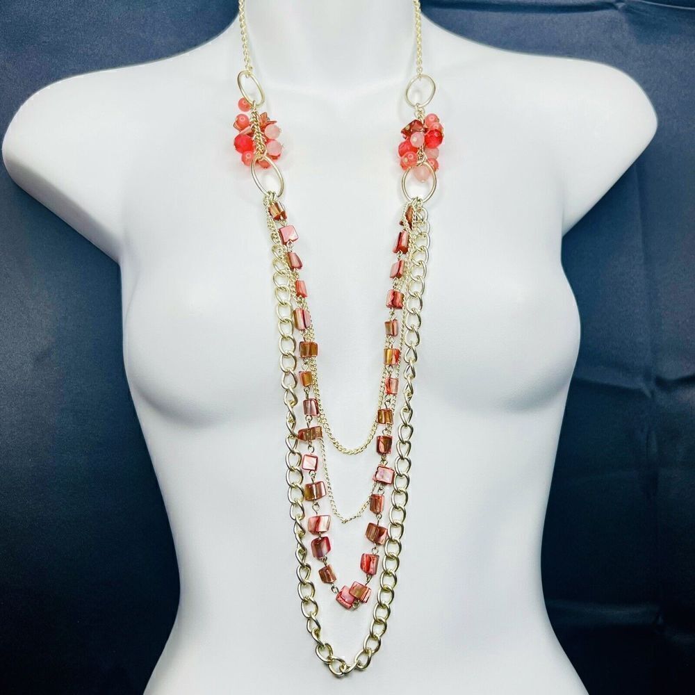 Pink Mother Of Pearl MOP Layered Chain Multi strand Necklace Silve Tone 4122
